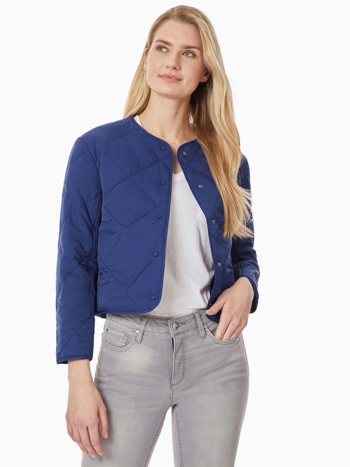 New Quilted Jacket Blue Collarless York Jones | - Jacket Quilted