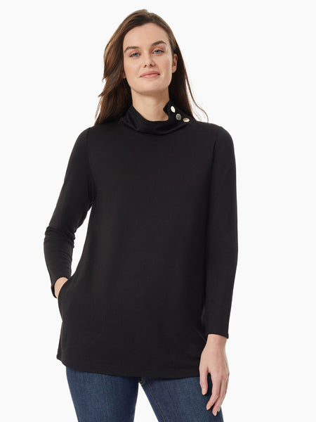 Jones New York Serenity Poplin Knit Point Collar V-Neck Long Sleeve Twofer  Sweater