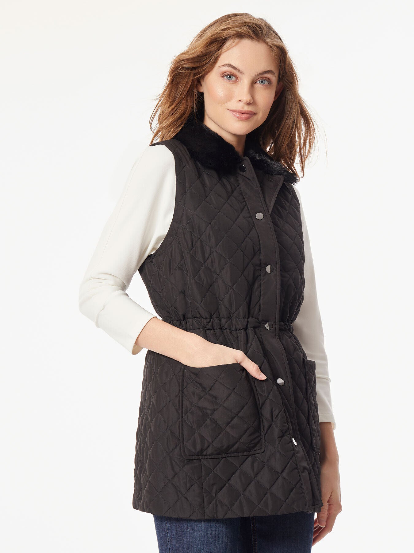 Snap Front Quilted Fur Collar Vest
