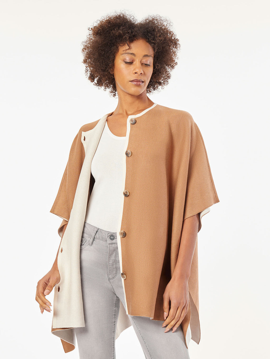 Button Front Knit Poncho in the Color Caramel