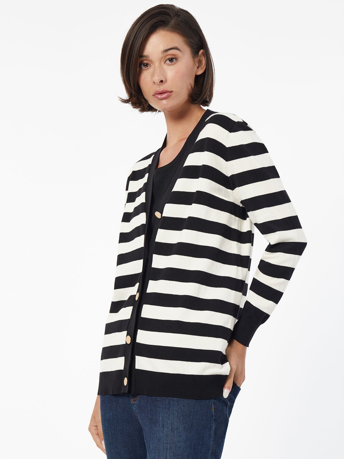 Women's White and Black Horizontal Striped Open Cardigan, White Crew-neck  T-shirt, Black Leather Leggings, Navy Low Top Sneakers