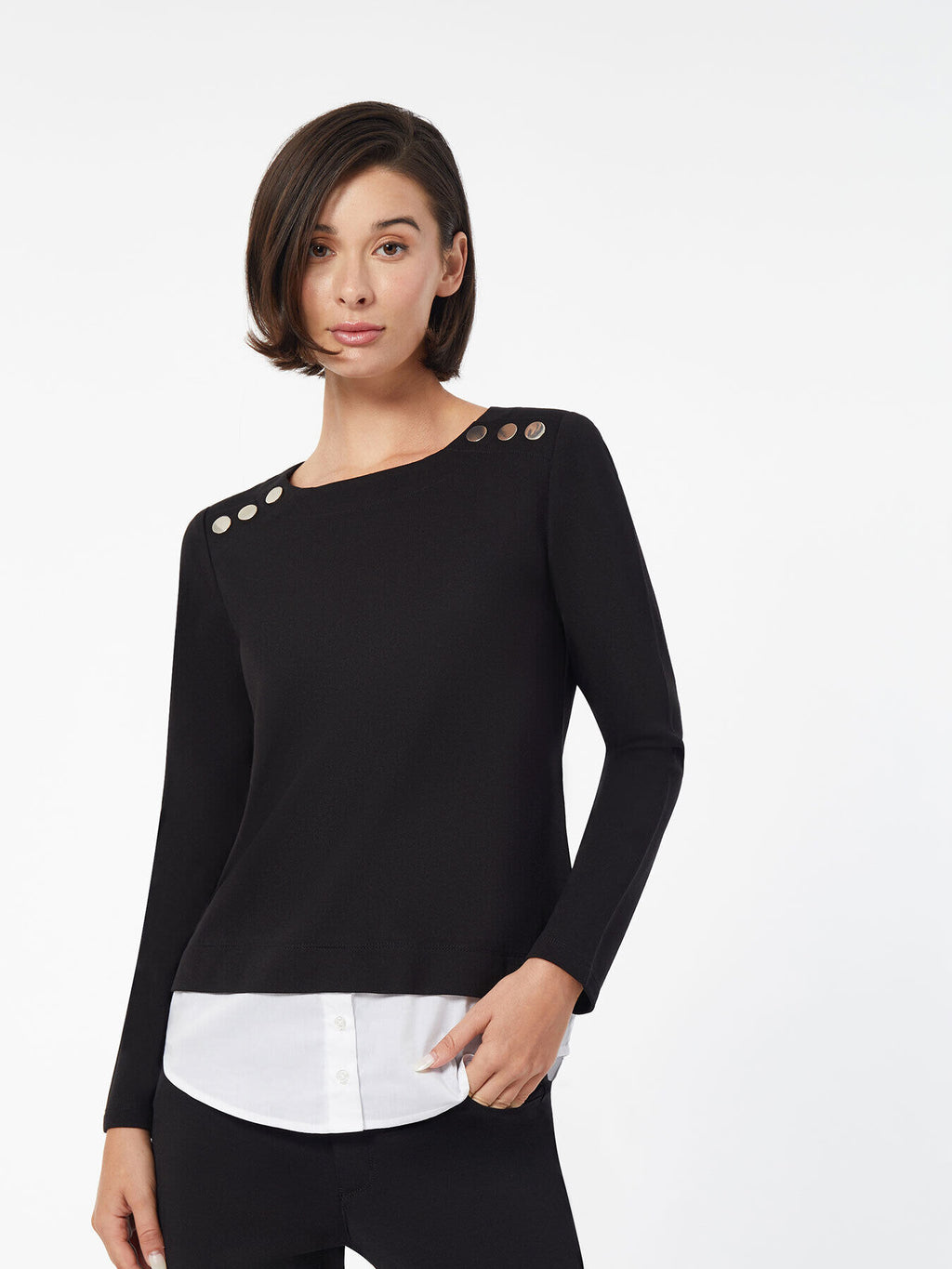 Button-Shoulder Two-Fer Serenity Knit Top