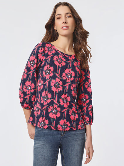 Printed Moss Crepe Puff Sleeve Top