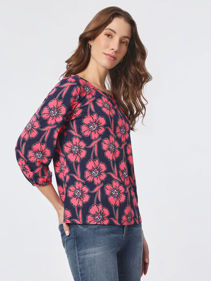 Printed Moss Crepe Puff Sleeve Top