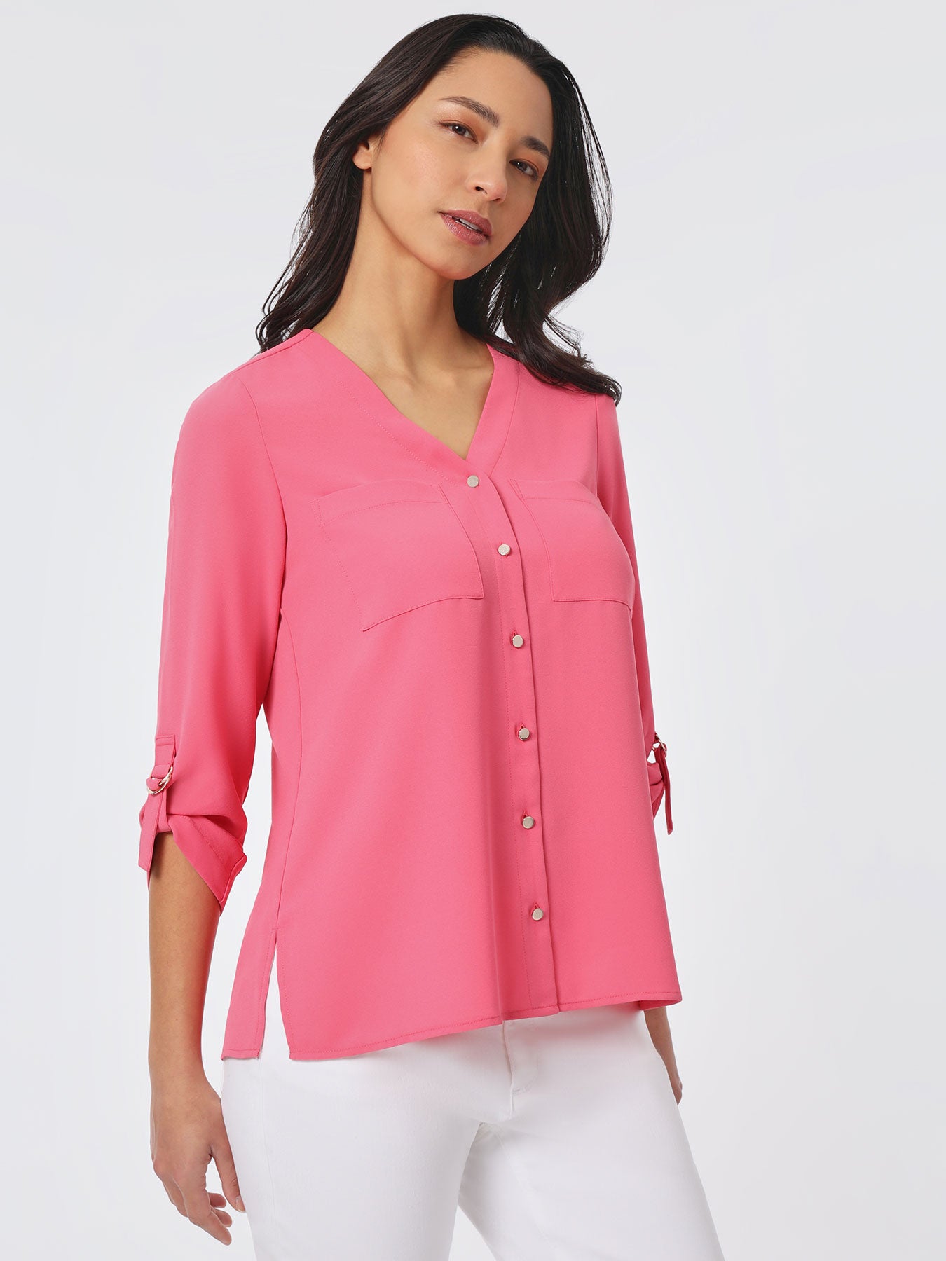 Relaxed Twill Utility-Pocket Tunic Shirt for Women