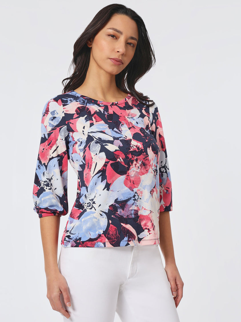 Printed Moss Crepe Puff Sleeve Top