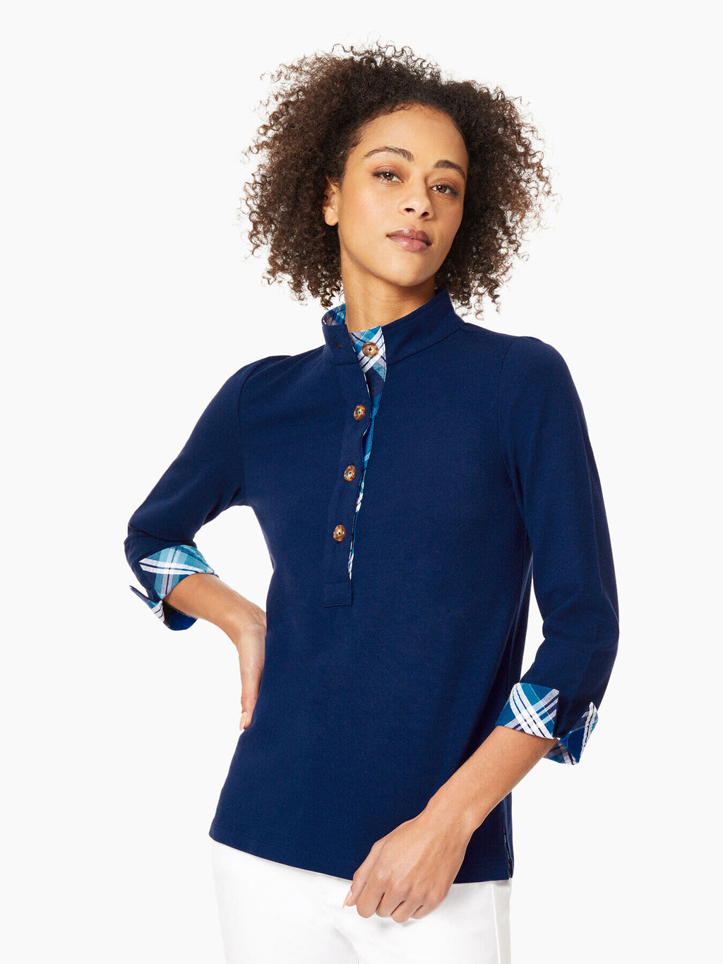 Three Quarter Sleeve Tunic Tops - Funnel Neck Top