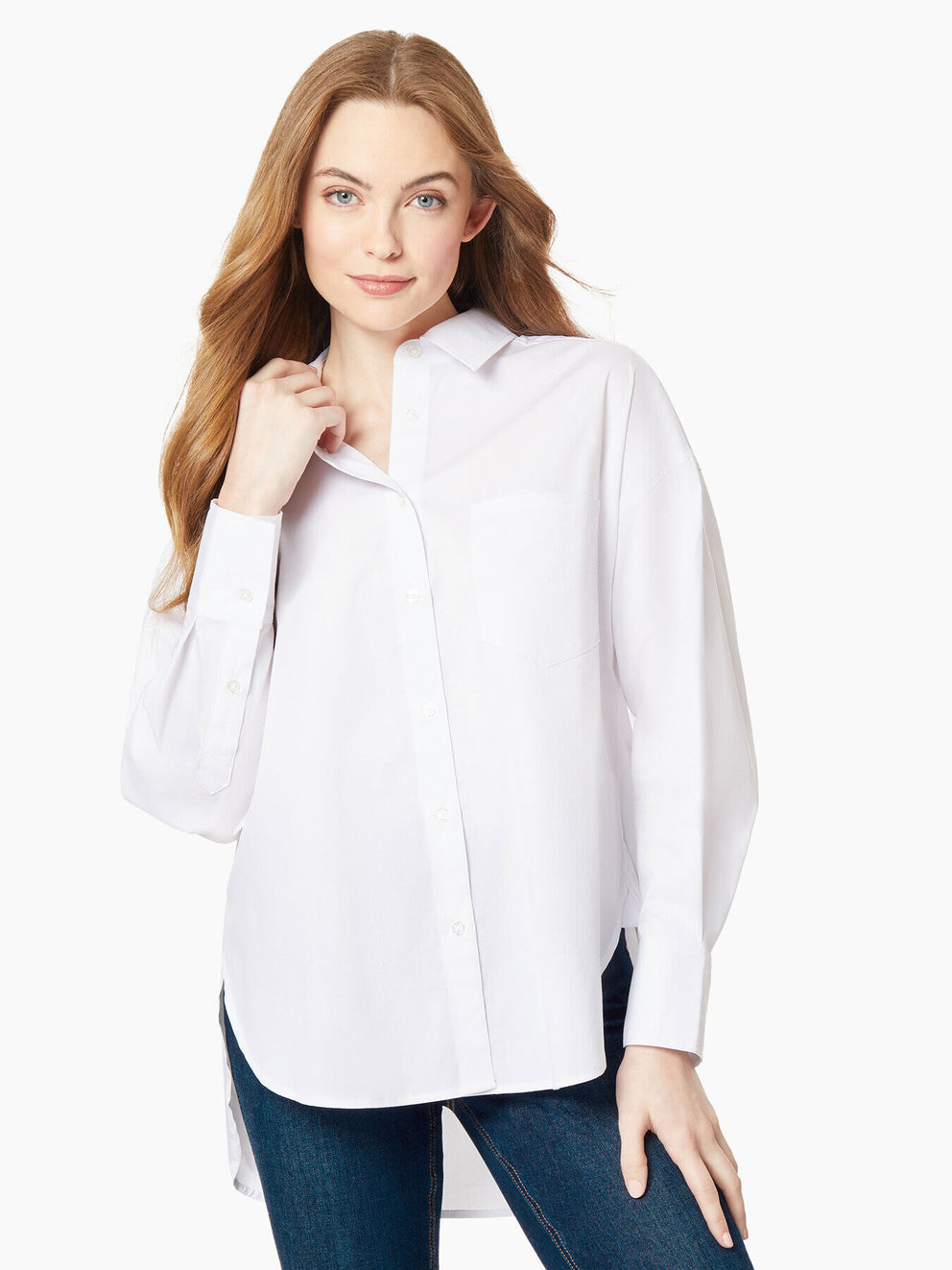 Oversized Cotton Poplin Hi-Lo Utility Shirt – Jones New York